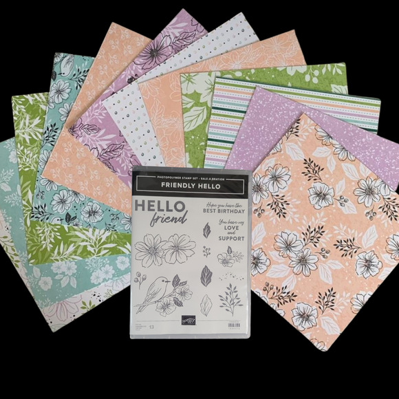 Stampin Up Friendly Hello Bundle Stamp Set & 12x12 Designer Series Paper DSP - Picture 1 of 10